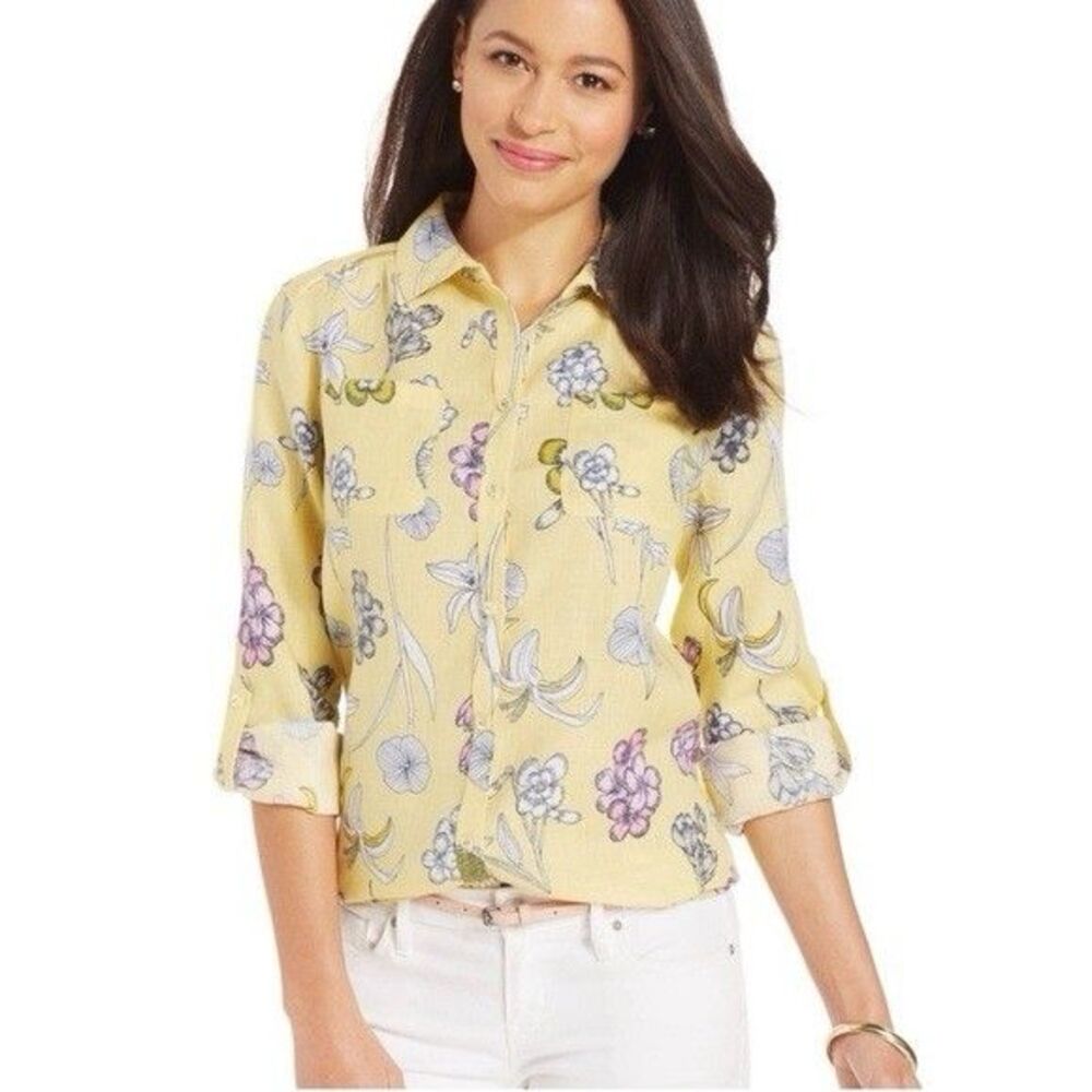 Charter Club Linen Watercolor Floral Button Front Tunic Shirt Lightweight 2X